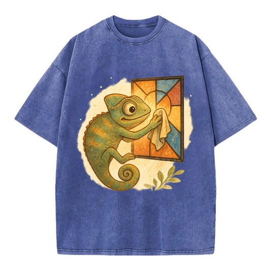 Chameleon blending into a stained-glass window it is polishing with delicate - Vintage T-shirt - Blue