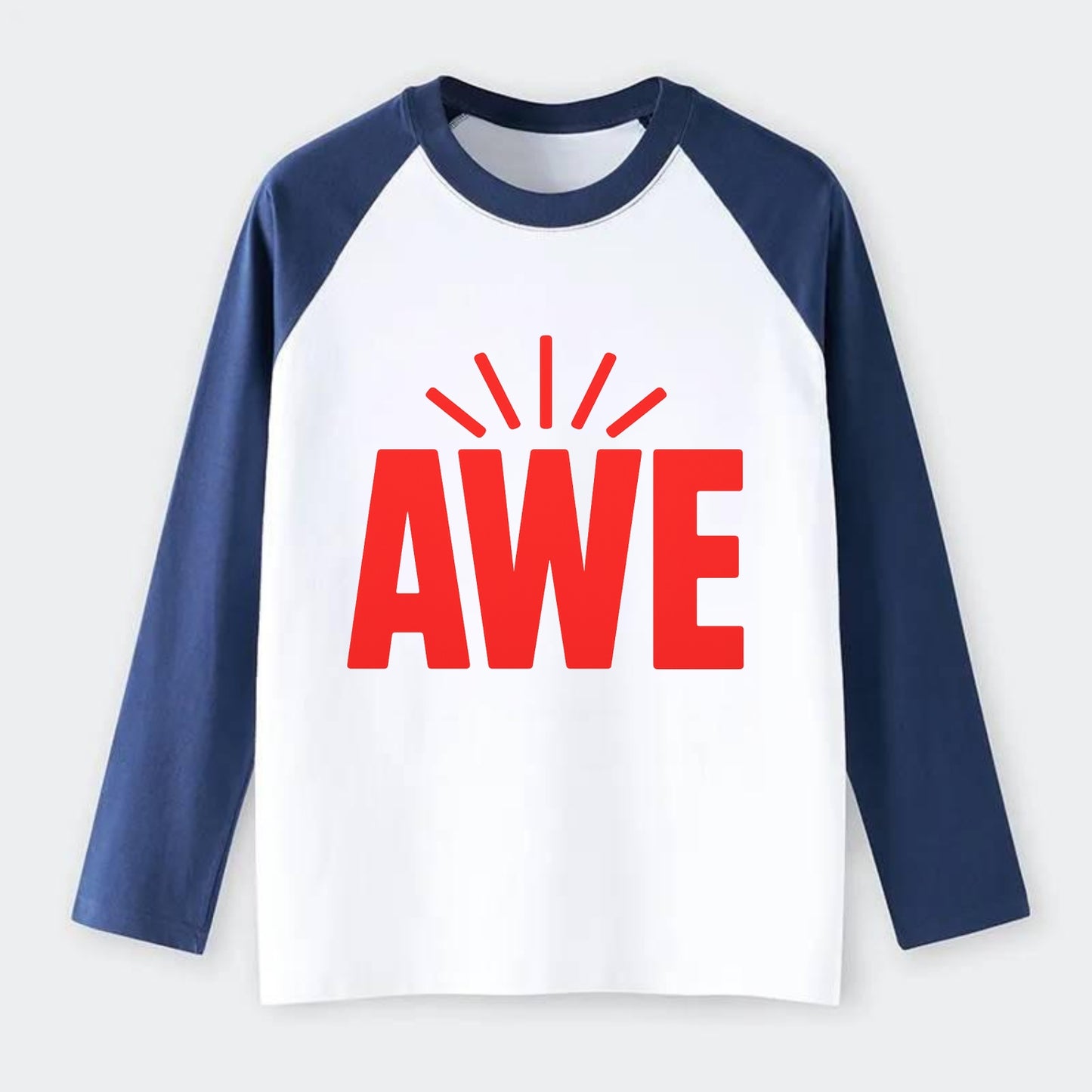 Bold typography design - "AWE" - overwhelming wonder - Raglan Long Sleeve T-Shirt - Blue