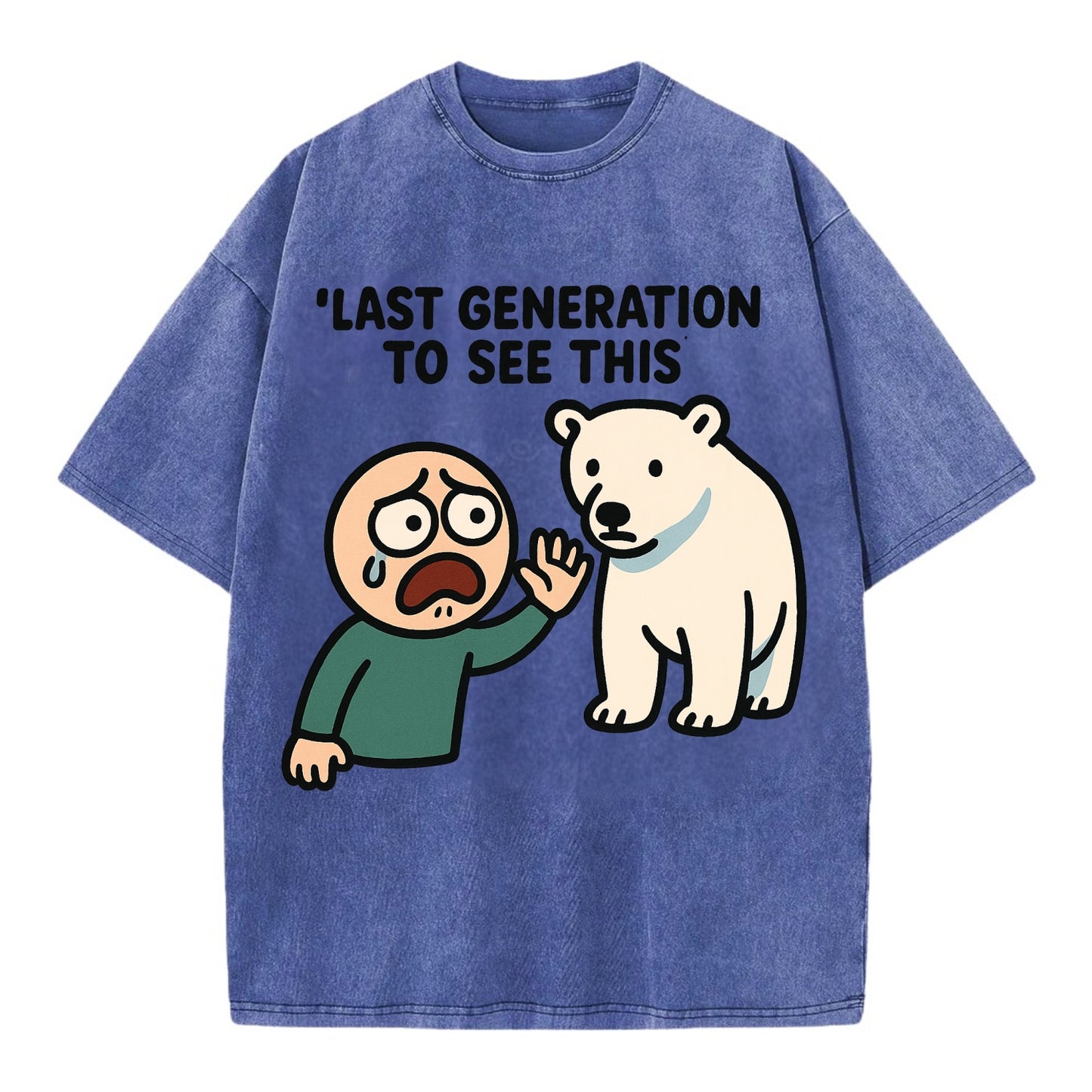 Person waving goodbye to polar bear - "Last generation to see this" - extinction - Vintage T-shirt - Blue