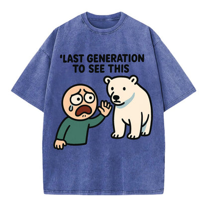 Person waving goodbye to polar bear - "Last generation to see this" - extinction - Vintage T-shirt - Blue
