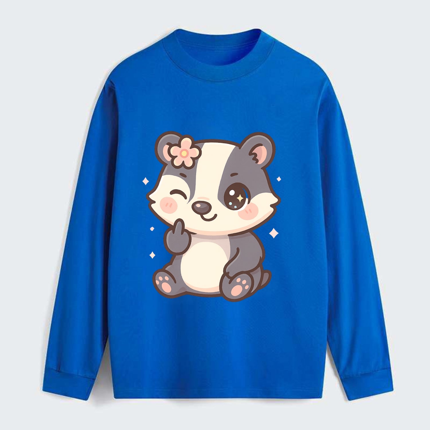 adorable badger with black and white stripes, one paw giving finger - Classic Long Sleeve Shirt - Blue