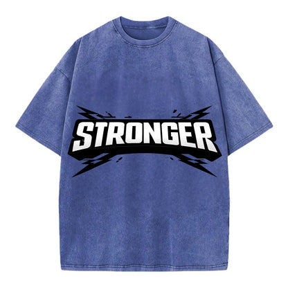 Bold typography design - "STRONGER" - getting better, building power - Vintage T-shirt - Blue