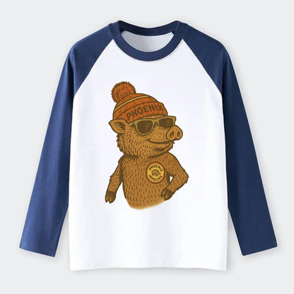 Phoenix Javelina wearing Phoenix beanie with pom pom and wayfarer - Raglan Long Sleeve T-Shirt - Blue