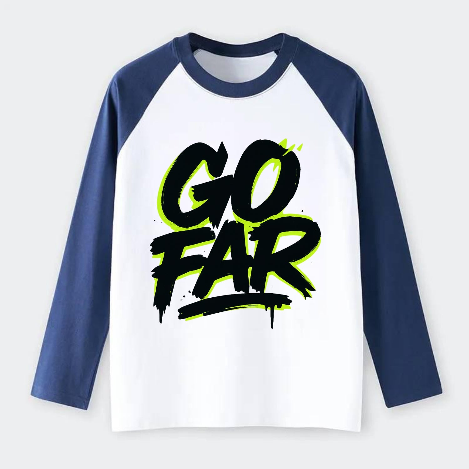 Bold typography design - "GO FAR" - distance goals, pushing limits - Raglan Long Sleeve T-Shirt - Blue