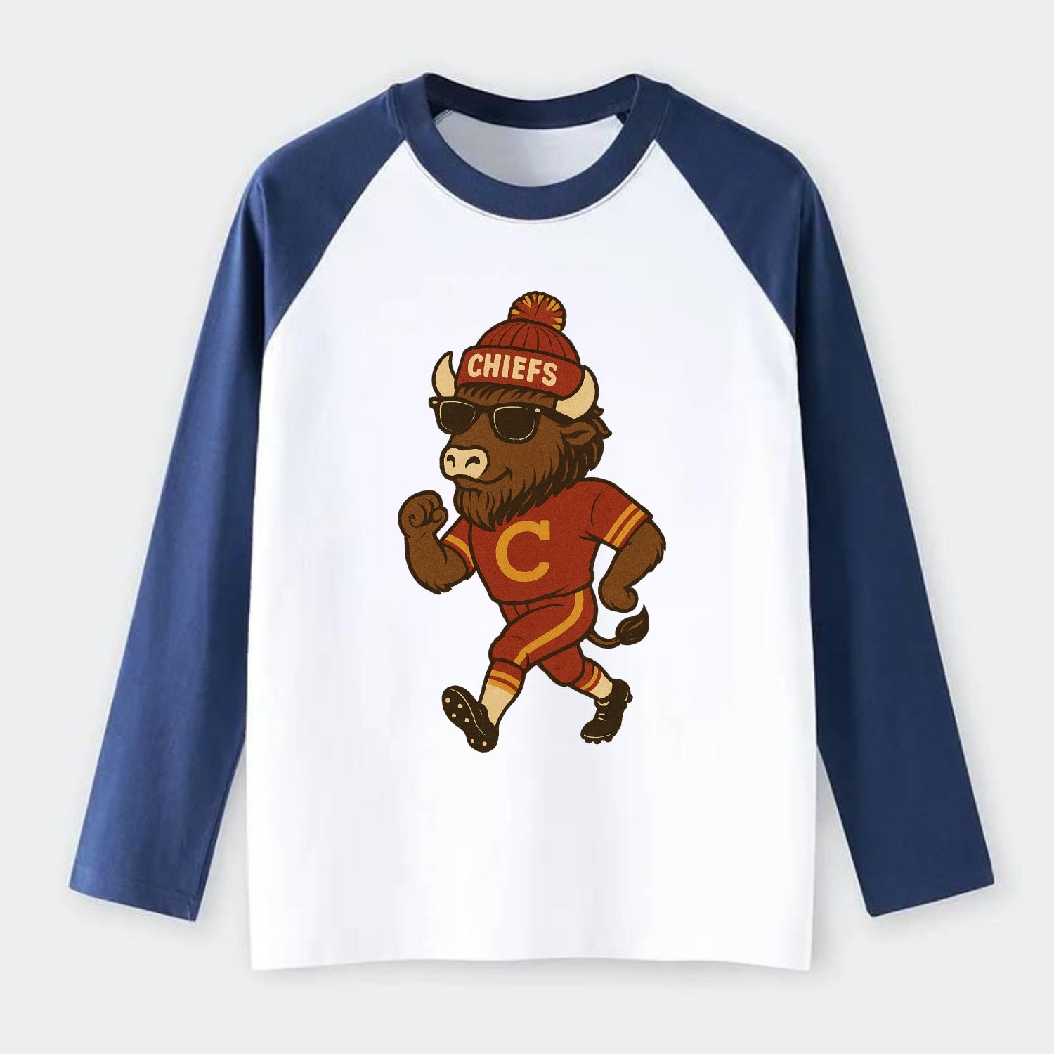 KC Bison wearing Chiefs beanie with arrowhead patch and wayfarer - Raglan Long Sleeve T-Shirt - Blue