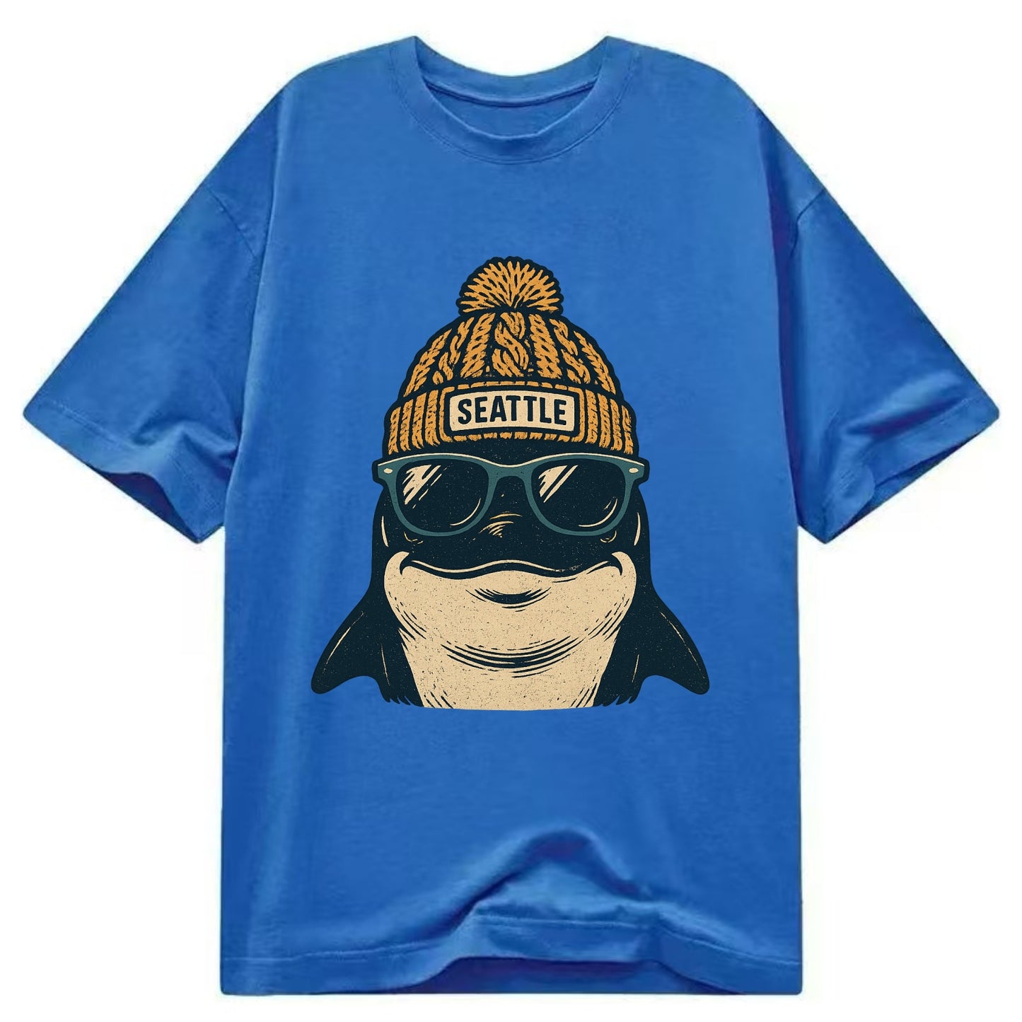 Seattle Orca wearing Seattle beanie with pom pom and wayfarer sunglasses - Classic T-shirt - Blue