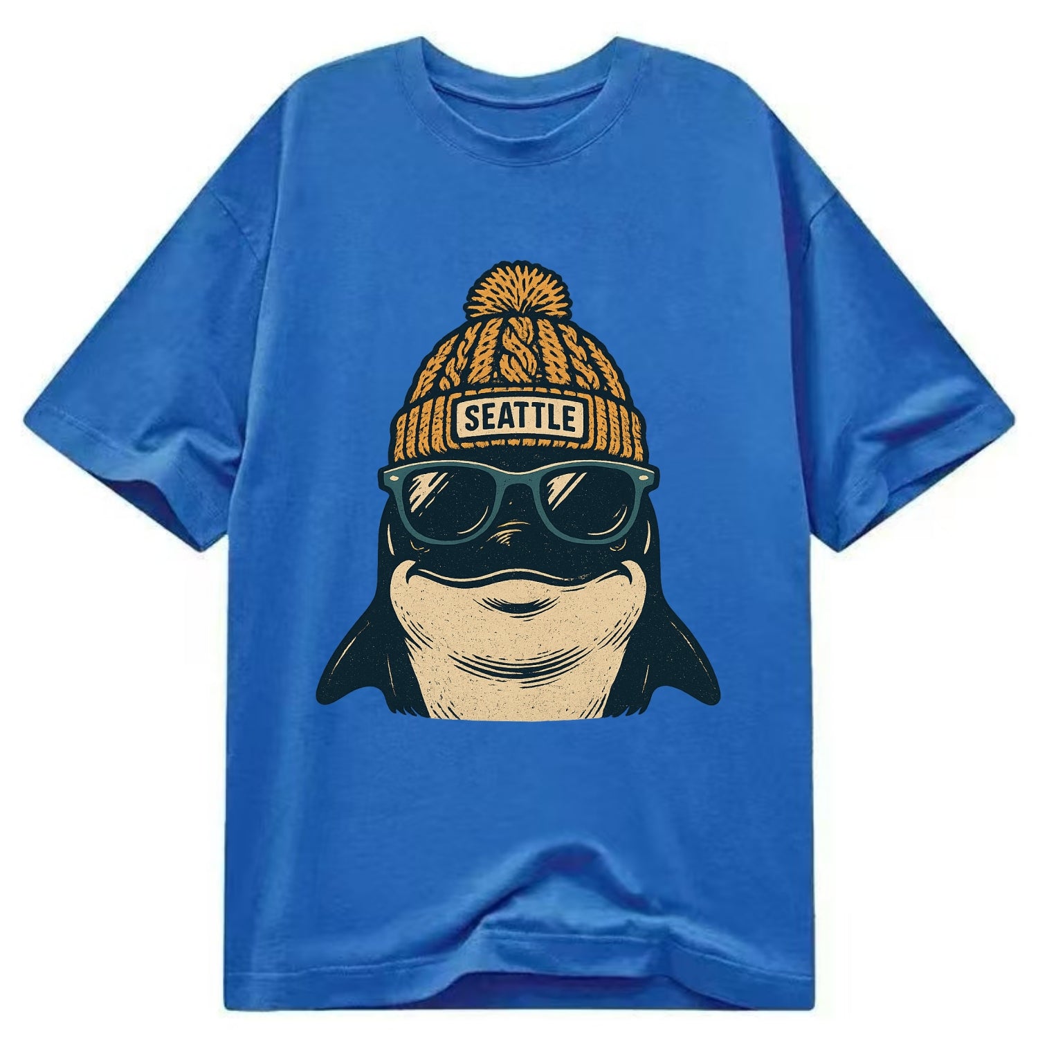Seattle Orca wearing Seattle beanie with pom pom and wayfarer sunglasses - Classic T-shirt - Blue