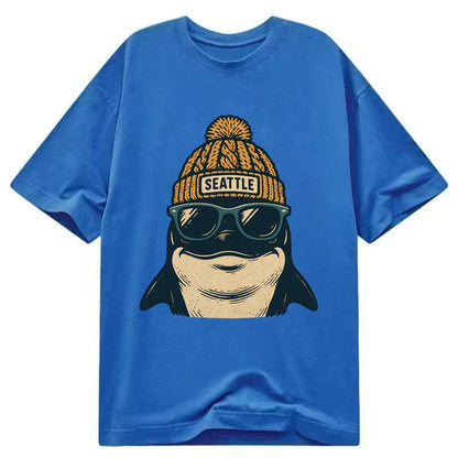 Seattle Orca wearing Seattle beanie with pom pom and wayfarer sunglasses - Classic T-shirt - Blue