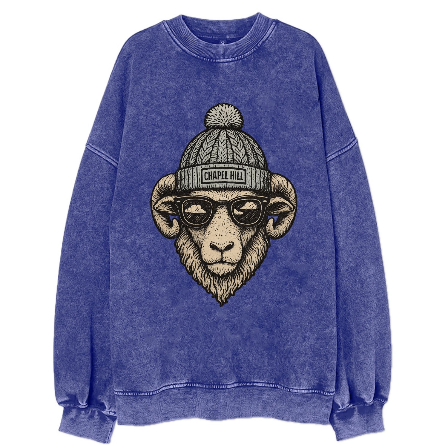 Chapel Hill Tar Heel Ram wearing UNC bea - Vintage Sweatshirt - Blue