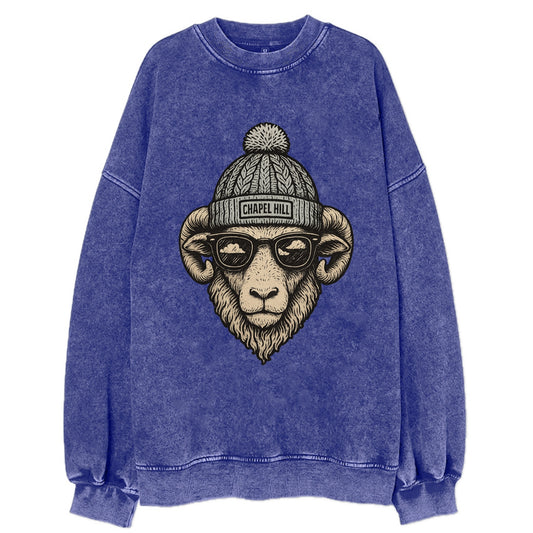 Chapel Hill Tar Heel Ram wearing UNC bea - Vintage Sweatshirt - Blue