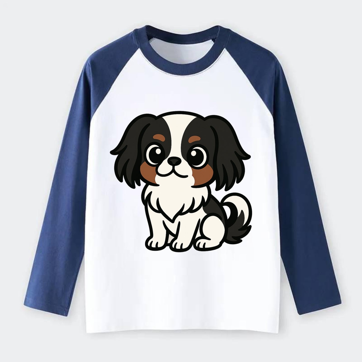 Japanese Chin - Black and white sitting pose - Raglan Long Sleeve T-Shirt - Blue