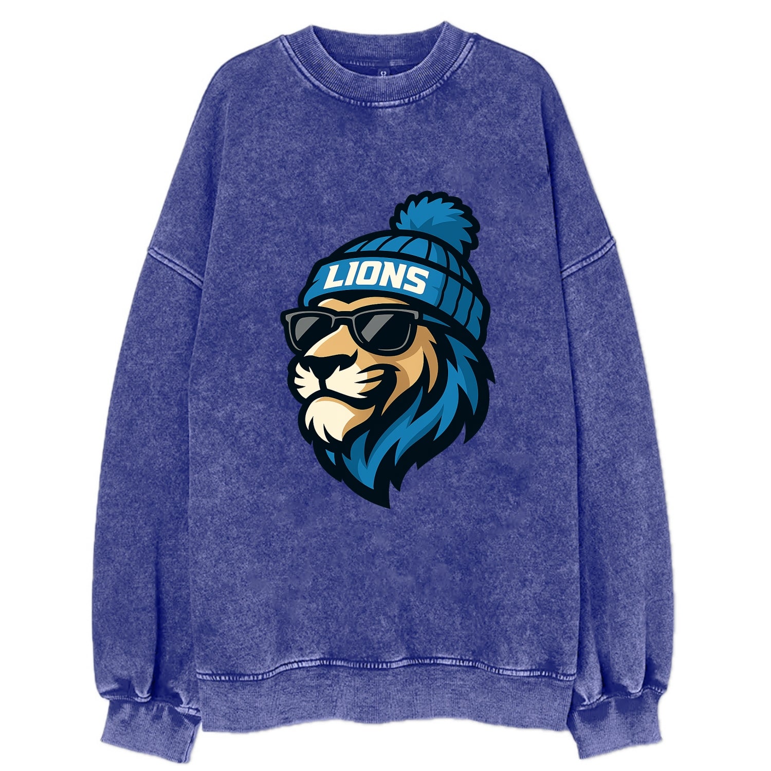 Detroit Lion wearing Lions Honolulu blue and silver beanie with pom pom and - Vintage Sweatshirt - Blue