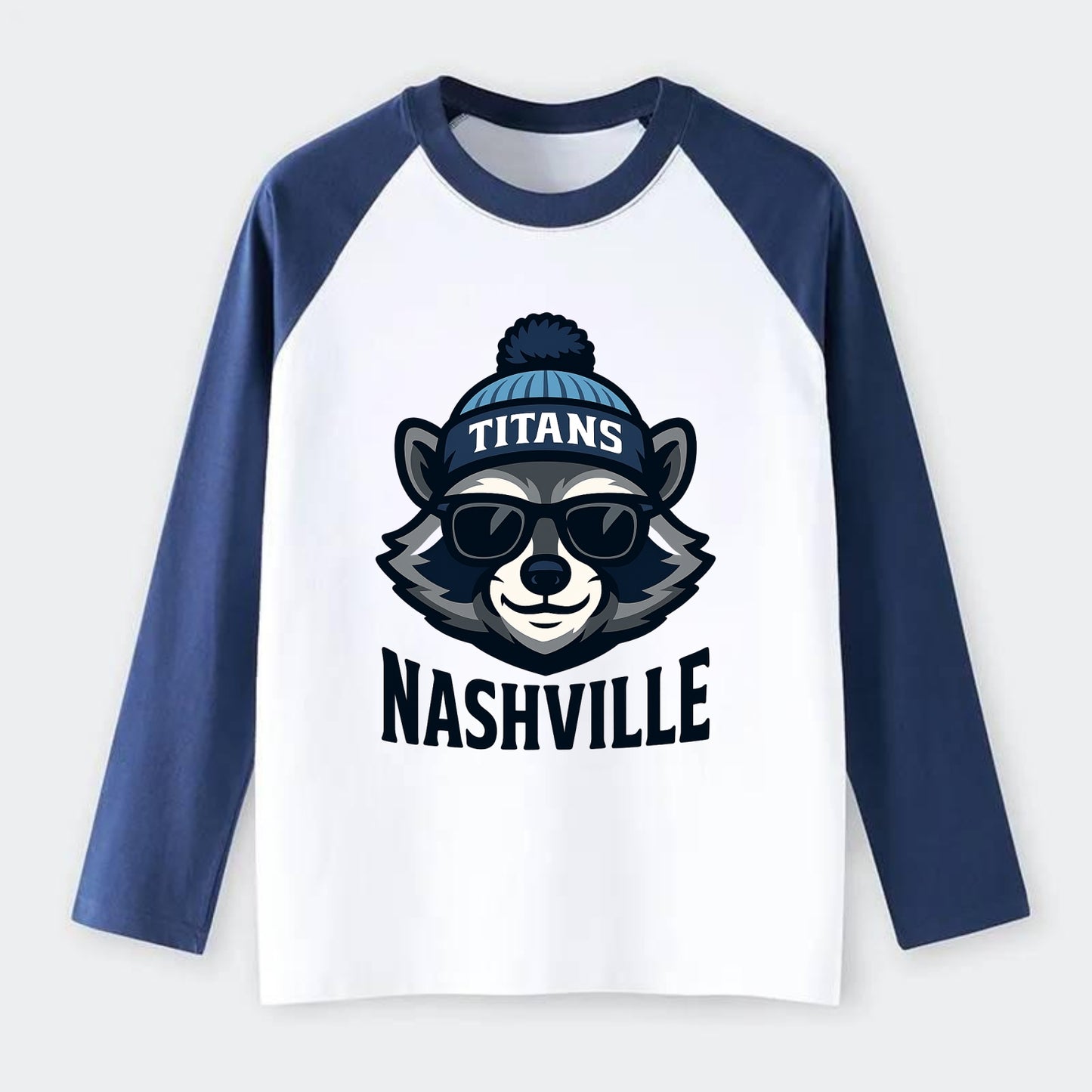 Nashville Raccoon wearing Titans navy and light blue beanie with pom - Raglan Long Sleeve T-Shirt - Blue