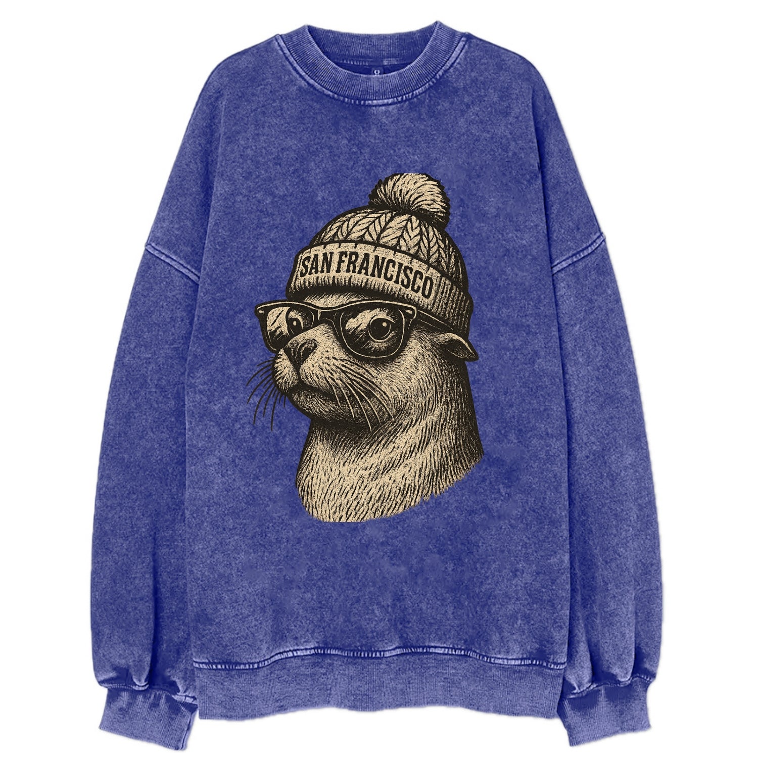 San Francisco Sea Lion wearing San Francisco beanie with pom pom and wayfarer - Vintage Sweatshirt - Blue