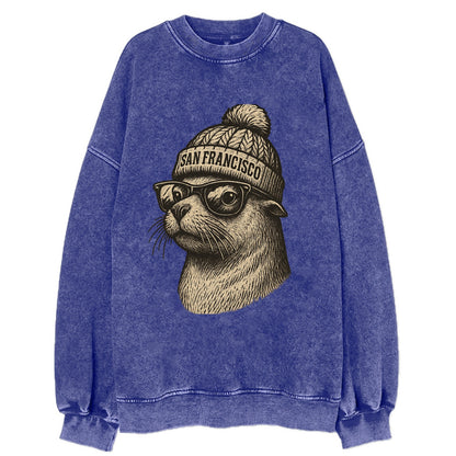 San Francisco Sea Lion wearing San Francisco beanie with pom pom and wayfarer - Vintage Sweatshirt - Blue