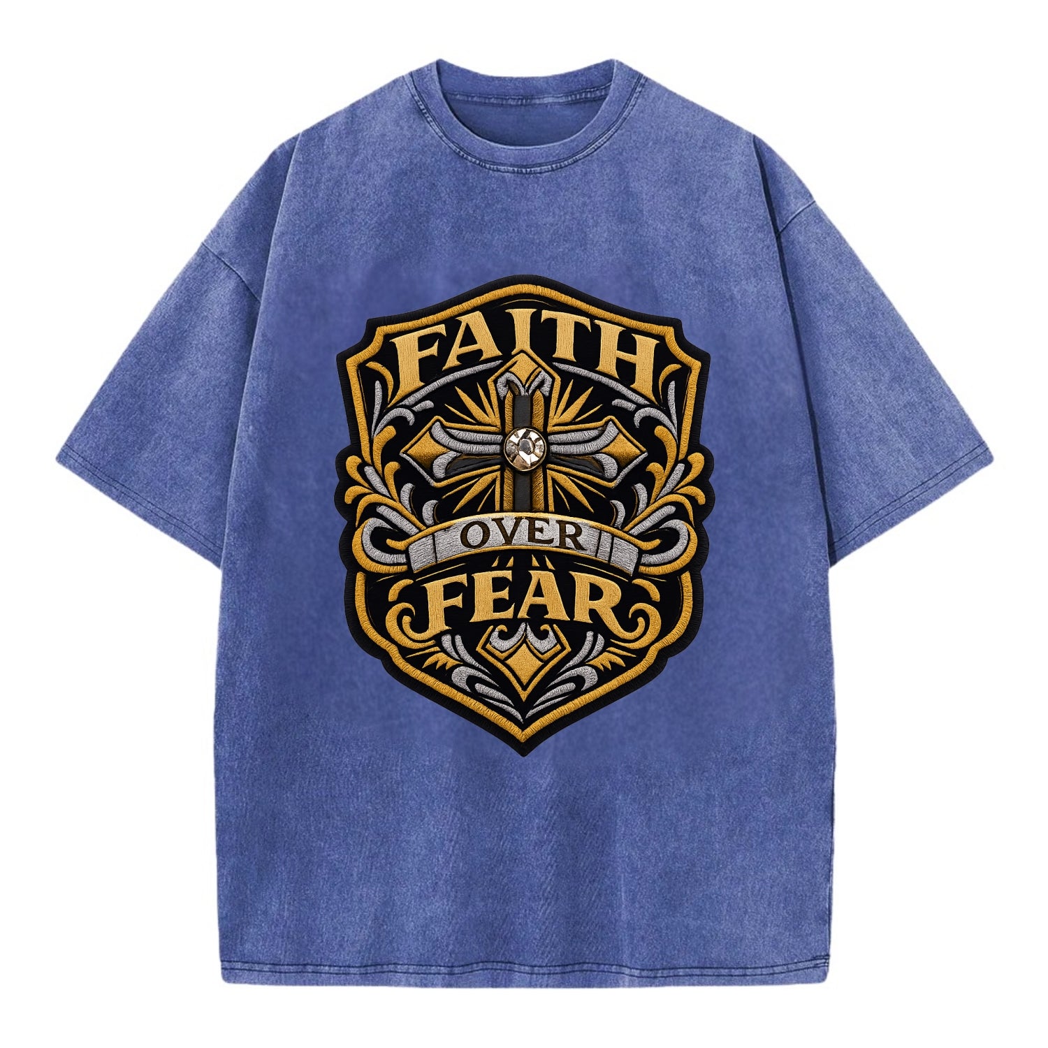 FAITH OVER FEAR - cross with text in gold , spiritual strength - Vintage T-shirt - Blue