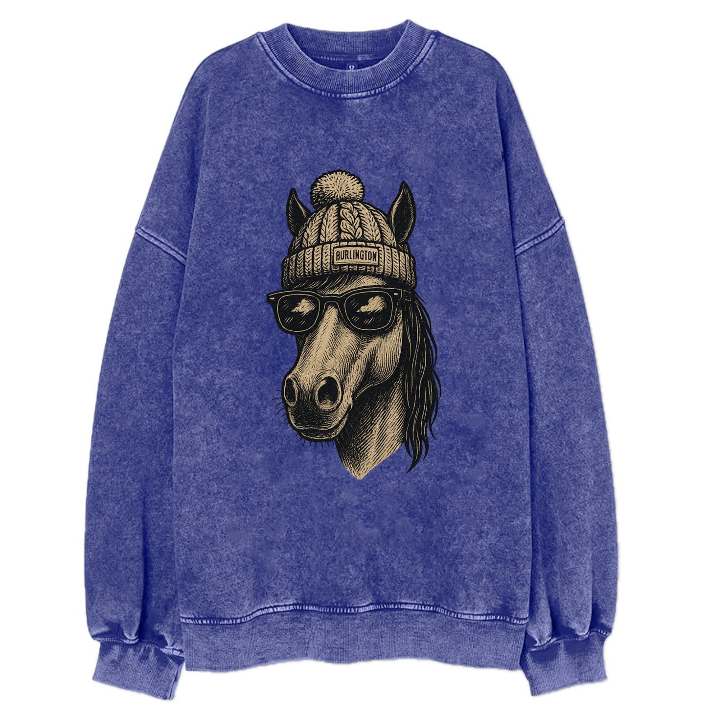 Vermont Morgan Horse wearing Burlington beanie with pom pom and wayfarer - Vintage Sweatshirt - Blue