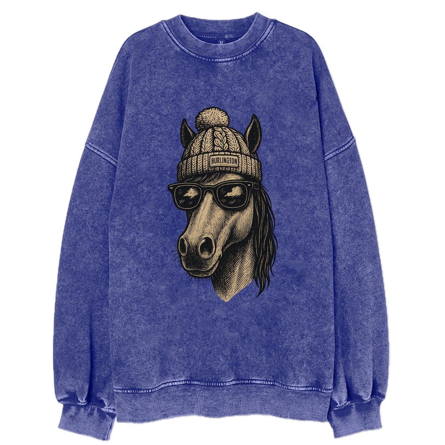 Vermont Morgan Horse wearing Burlington beanie with pom pom and wayfarer - Vintage Sweatshirt - Blue