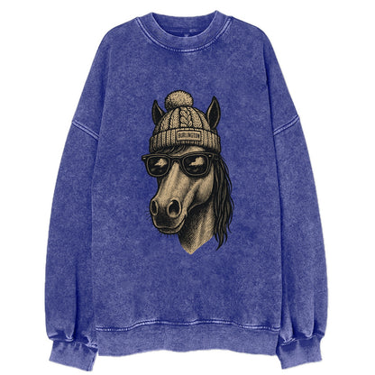 Vermont Morgan Horse wearing Burlington beanie with pom pom and wayfarer - Vintage Sweatshirt - Blue