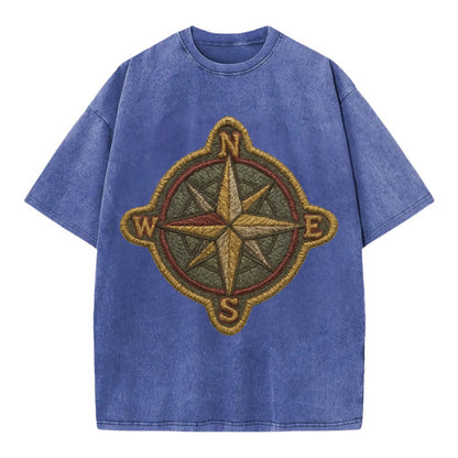 Compass rose with cardinal directions - explorer symbol - Vintage T-shirt - Blue