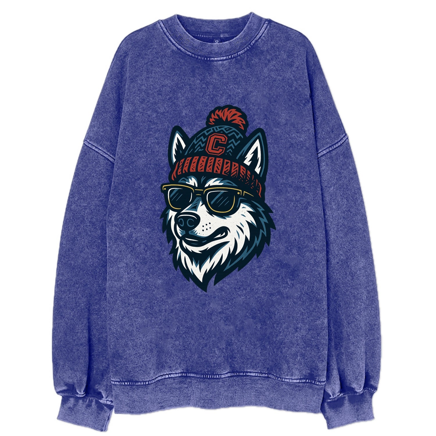 Storrs Husky wearing UConn beanie with C patch - Vintage Sweatshirt - Blue