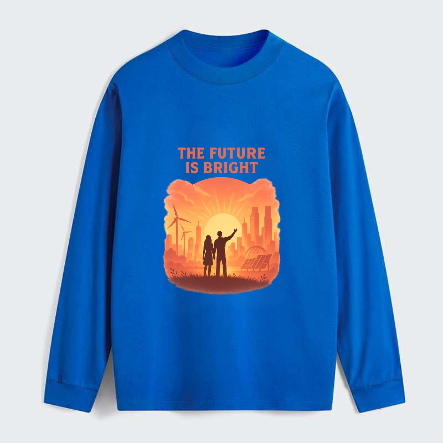 Sunrise over thriving sustainable city - "The Future is Bright" - - Classic Long Sleeve Shirt - Blue
