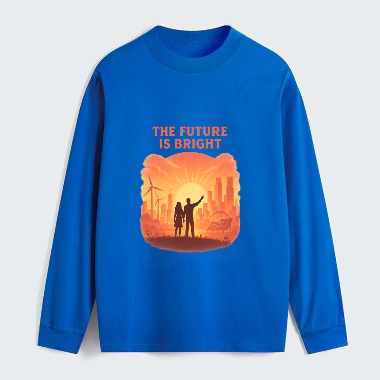 Sunrise over thriving sustainable city - "The Future is Bright" - - Classic Long Sleeve Shirt - Blue