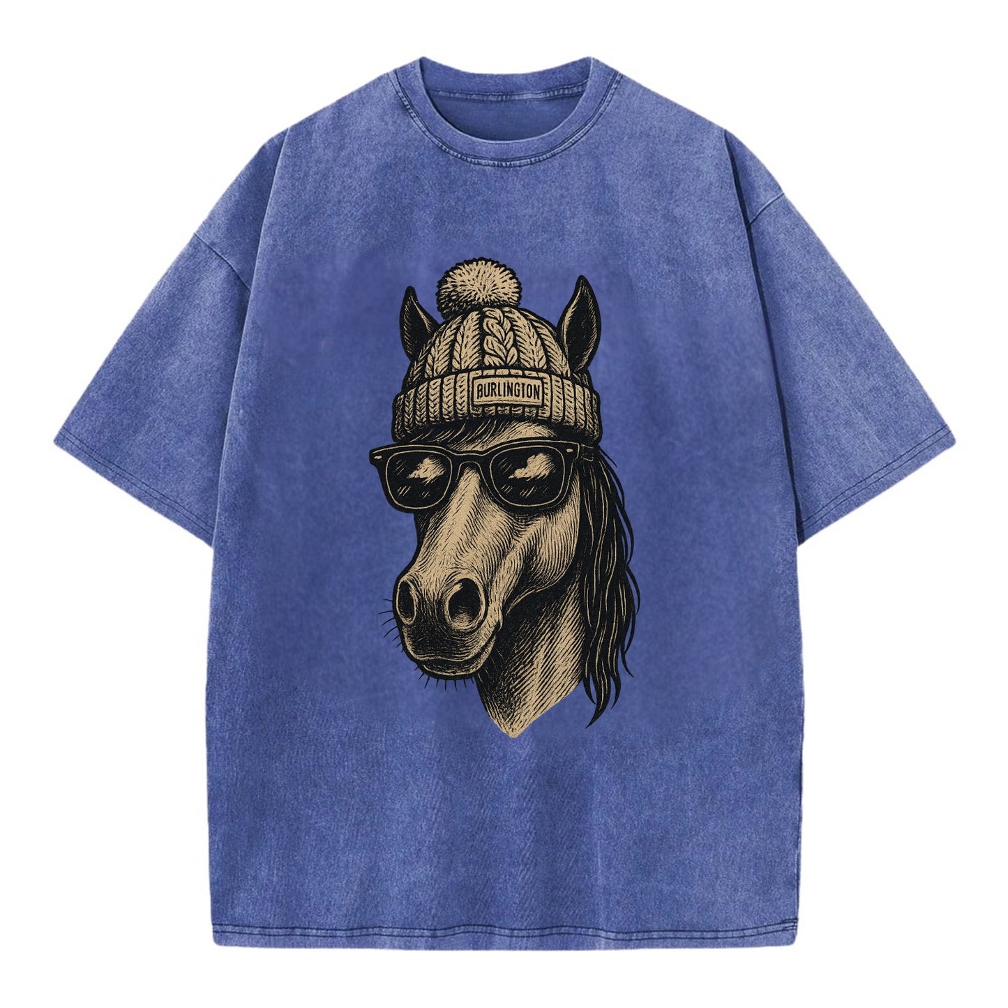 Vermont Morgan Horse wearing Burlington beanie with pom pom and wayfarer - Vintage T-shirt - Blue