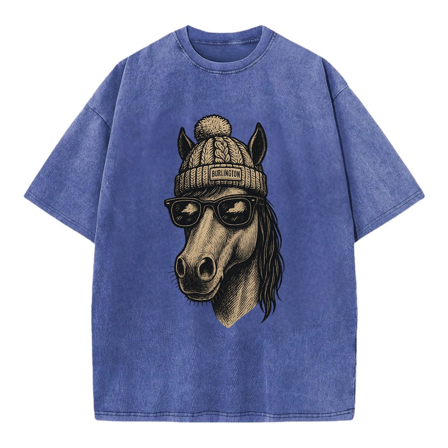 Vermont Morgan Horse wearing Burlington beanie with pom pom and wayfarer - Vintage T-shirt - Blue