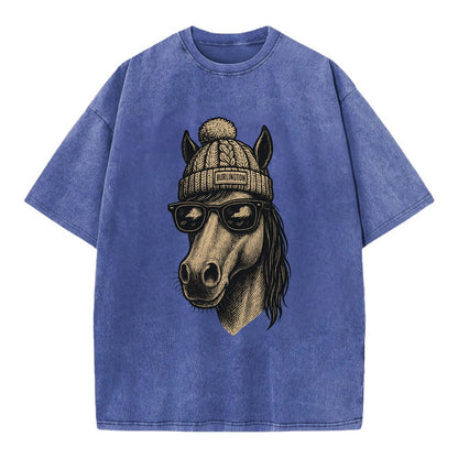 Vermont Morgan Horse wearing Burlington beanie with pom pom and wayfarer - Vintage T-shirt - Blue