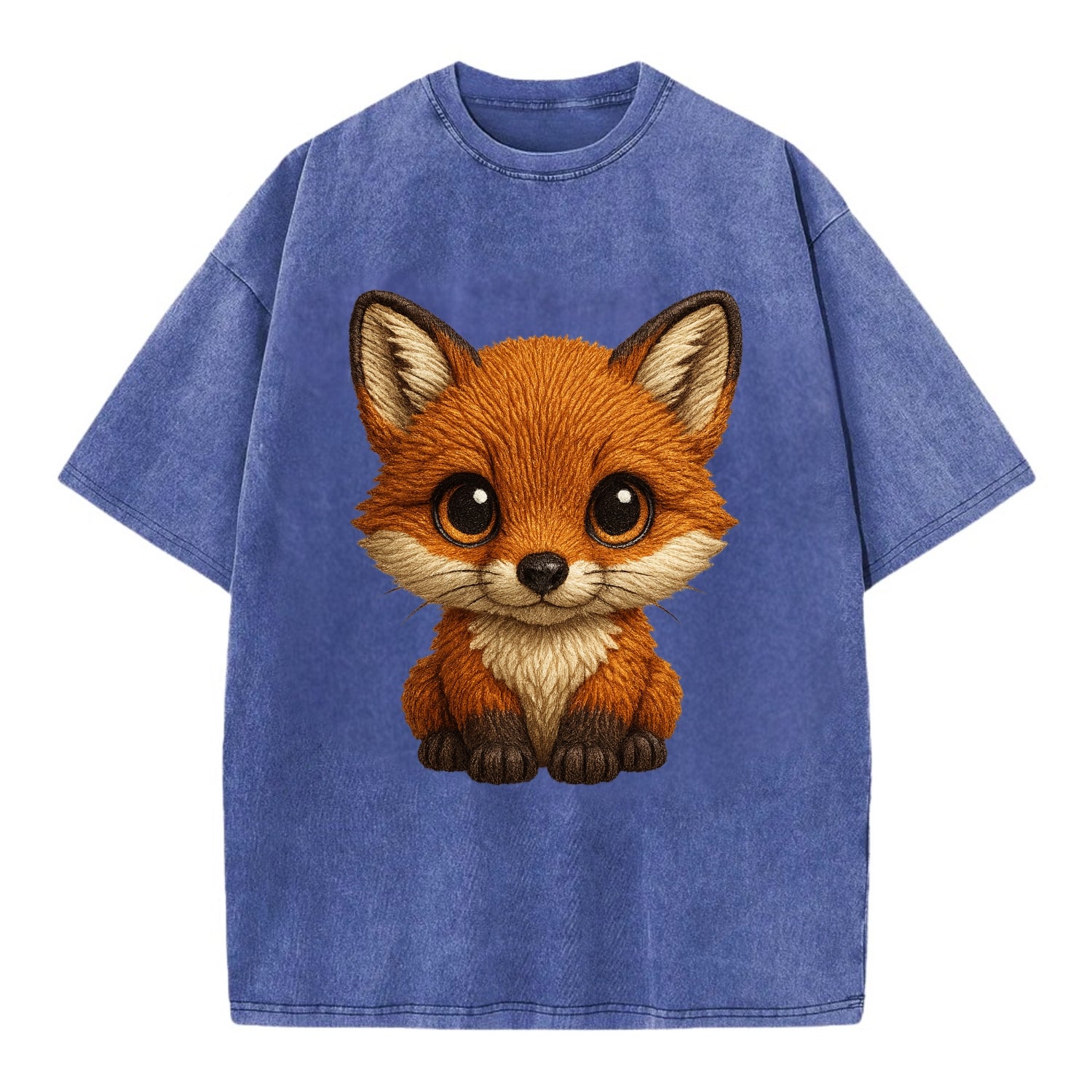 Baby Red Fox - russet fur, white chest, big amber eyes, perky ears, front-facing, - Vintage T-shirt - Blue