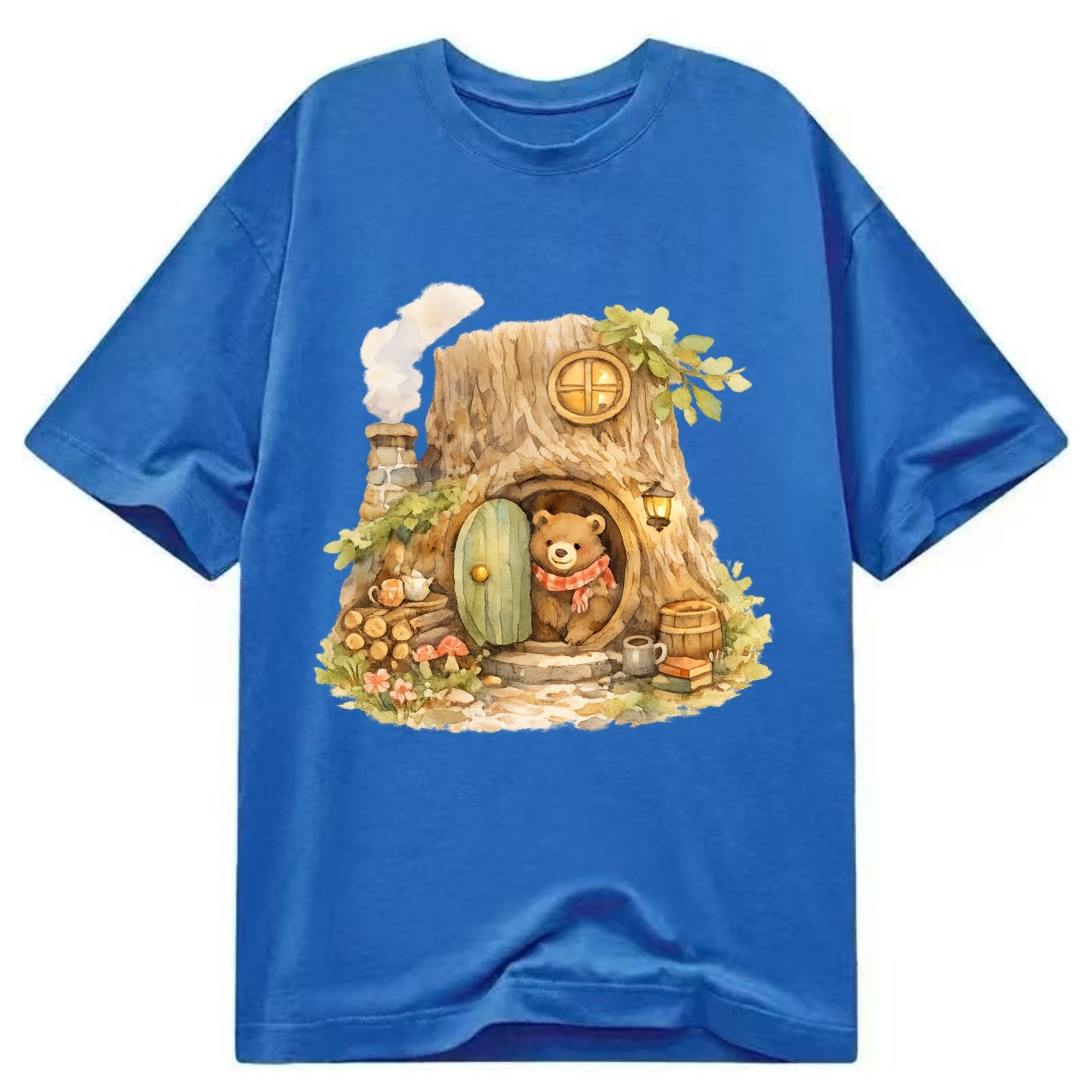 TREE HOME | Bear's home in hollow tree | Round door | Chimney smoke | Woodland - Classic T-shirt - Blue