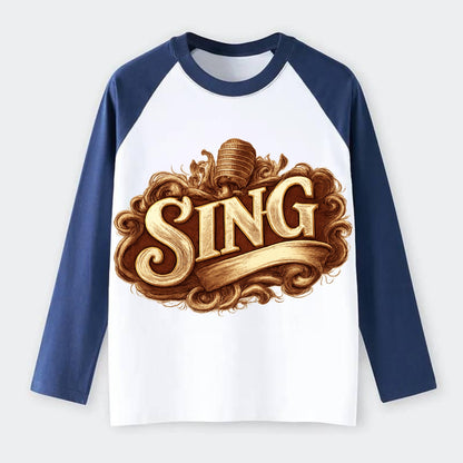 Bold typography design - "SING" - vocal expression, musical soul - Raglan Long Sleeve T-Shirt - Blue