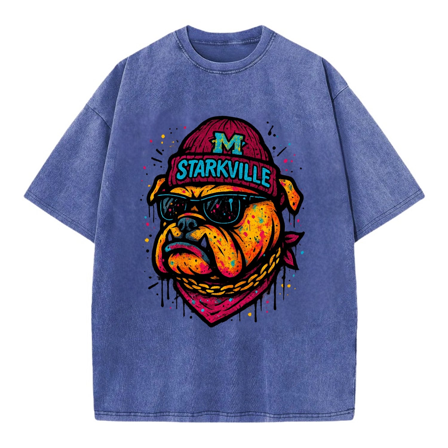Starkville Bulldog wearing Mississippi State beanie with M patch - Vintage T-shirt - Blue