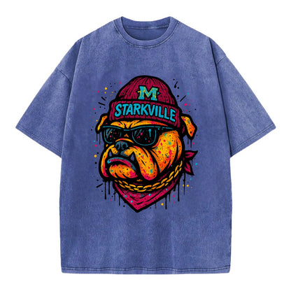 Starkville Bulldog wearing Mississippi State beanie with M patch - Vintage T-shirt - Blue