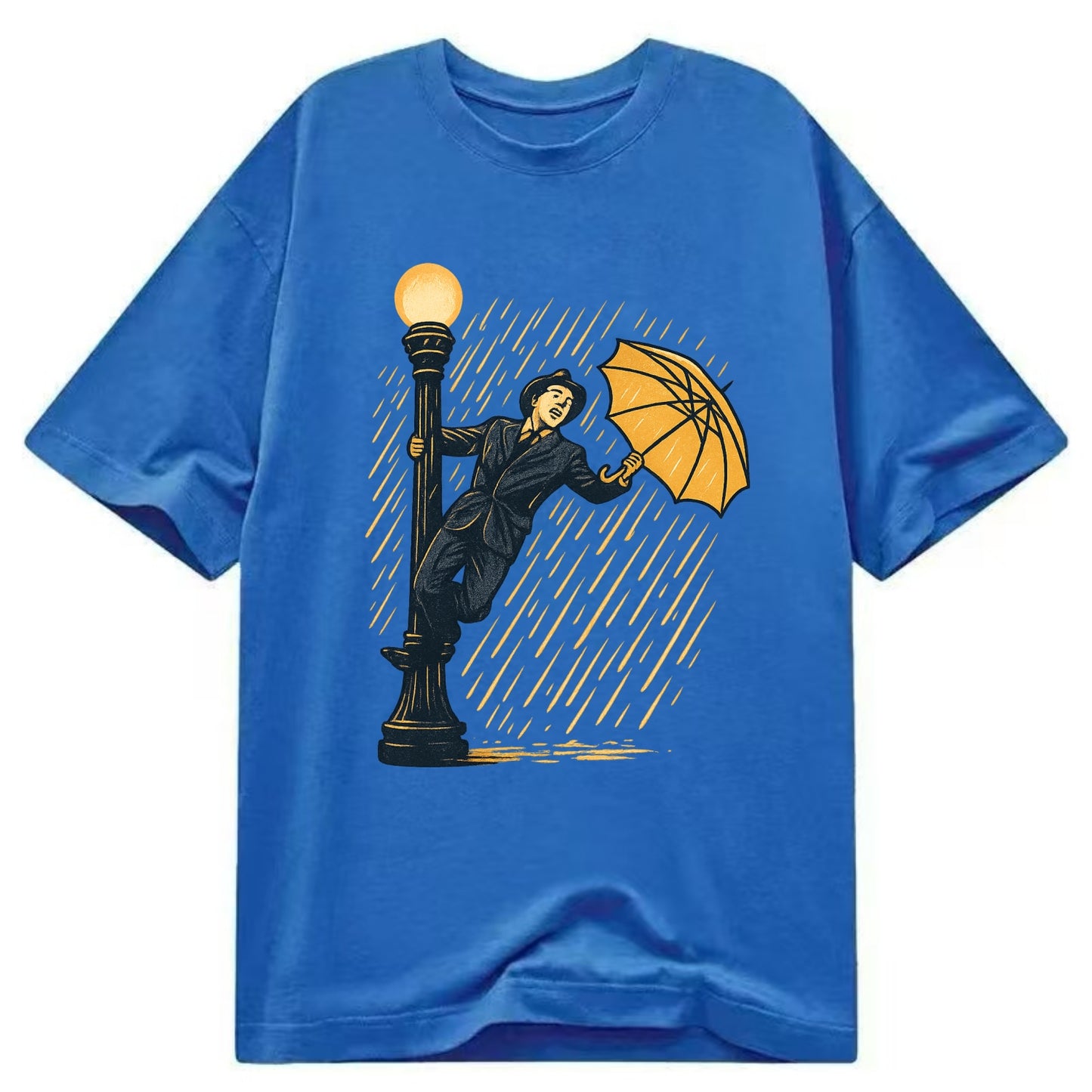 joyful dancing on lamppost in heavy rain with big smile - Classic T-shirt - Blue