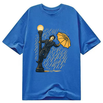 joyful dancing on lamppost in heavy rain with big smile - Classic T-shirt - Blue