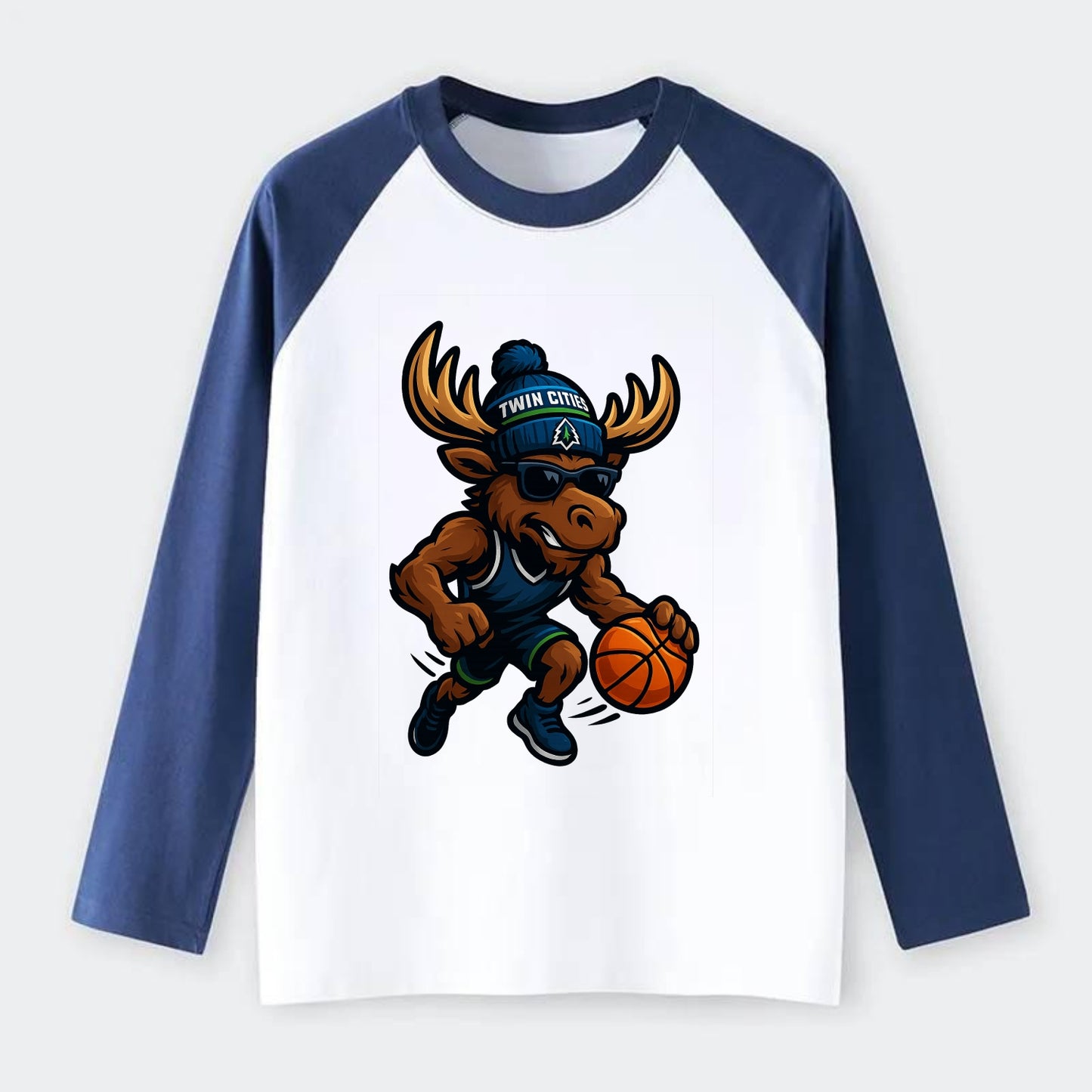 Twin Cities Moose wearing Timberwolves beanie with pine tree patch and - Raglan Long Sleeve T-Shirt - Blue
