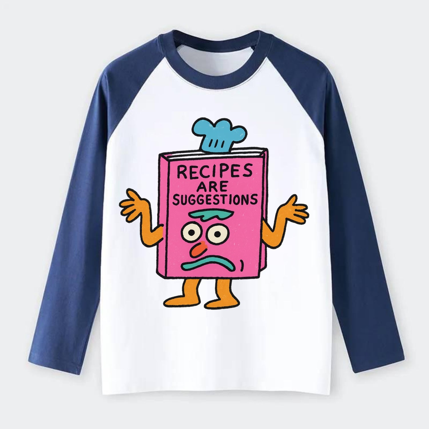RECIPES ARE SUGGESTIONS | Cookbook shrugging - Raglan Long Sleeve T-Shirt - Blue