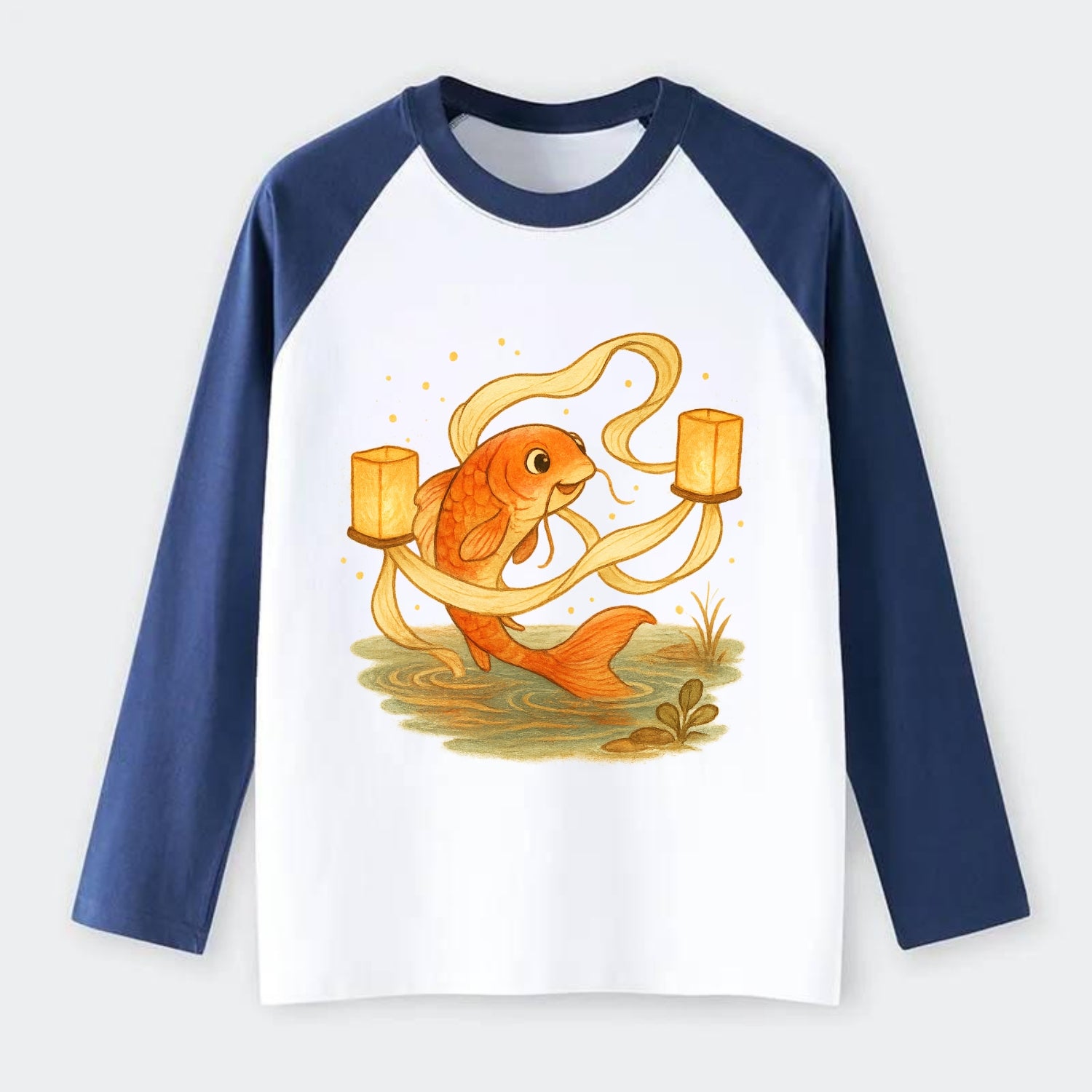 Koi weaving silk streamers through floating lanterns on tranquil water - Raglan Long Sleeve T-Shirt - Blue