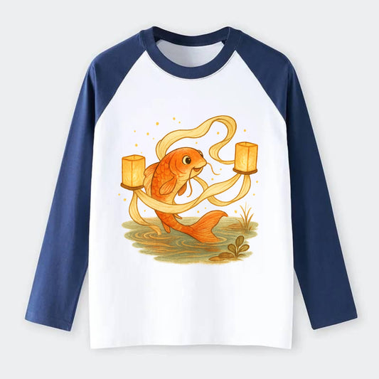 Koi weaving silk streamers through floating lanterns on tranquil water - Raglan Long Sleeve T-Shirt - Blue