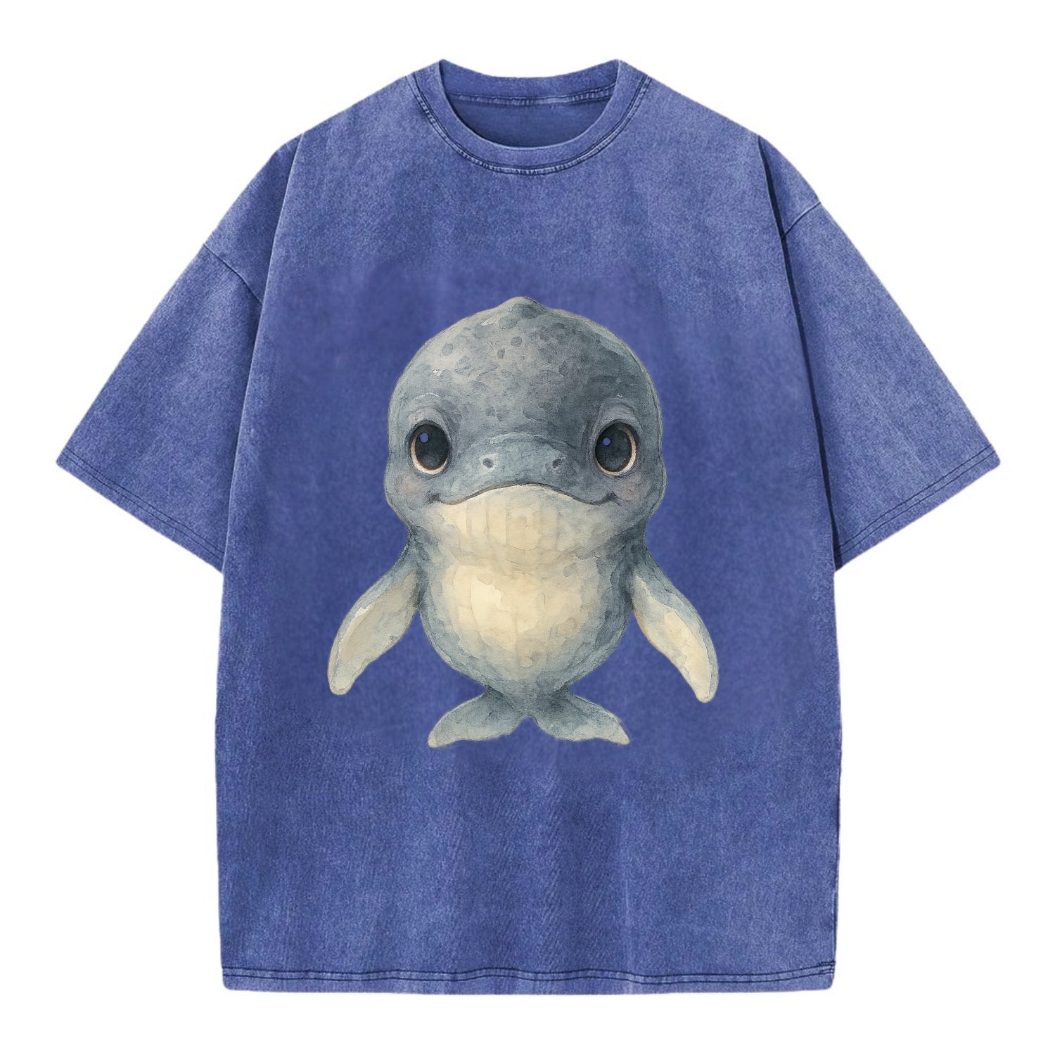 Baby Humpback Whale - dark gray with white flippers, large gentle eyes, - Vintage T-shirt - Blue