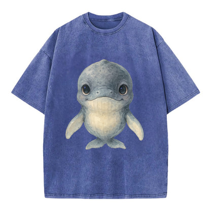 Baby Humpback Whale - dark gray with white flippers, large gentle eyes, - Vintage T-shirt - Blue