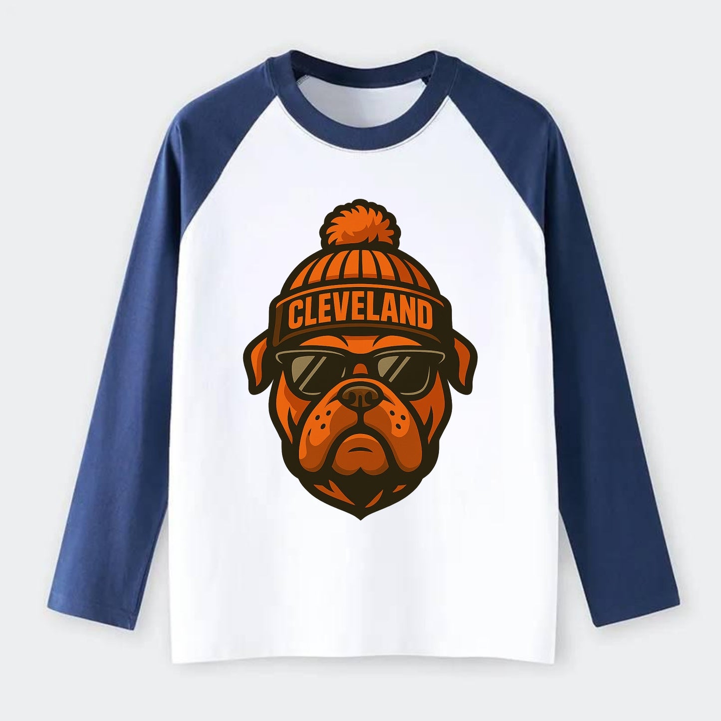Cleveland Bulldog wearing Browns orange and brown beanie with pom pom - Raglan Long Sleeve T-Shirt - Blue