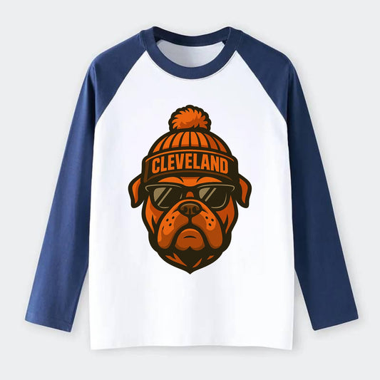 Cleveland Bulldog wearing Browns orange and brown beanie with pom pom - Raglan Long Sleeve T-Shirt - Blue