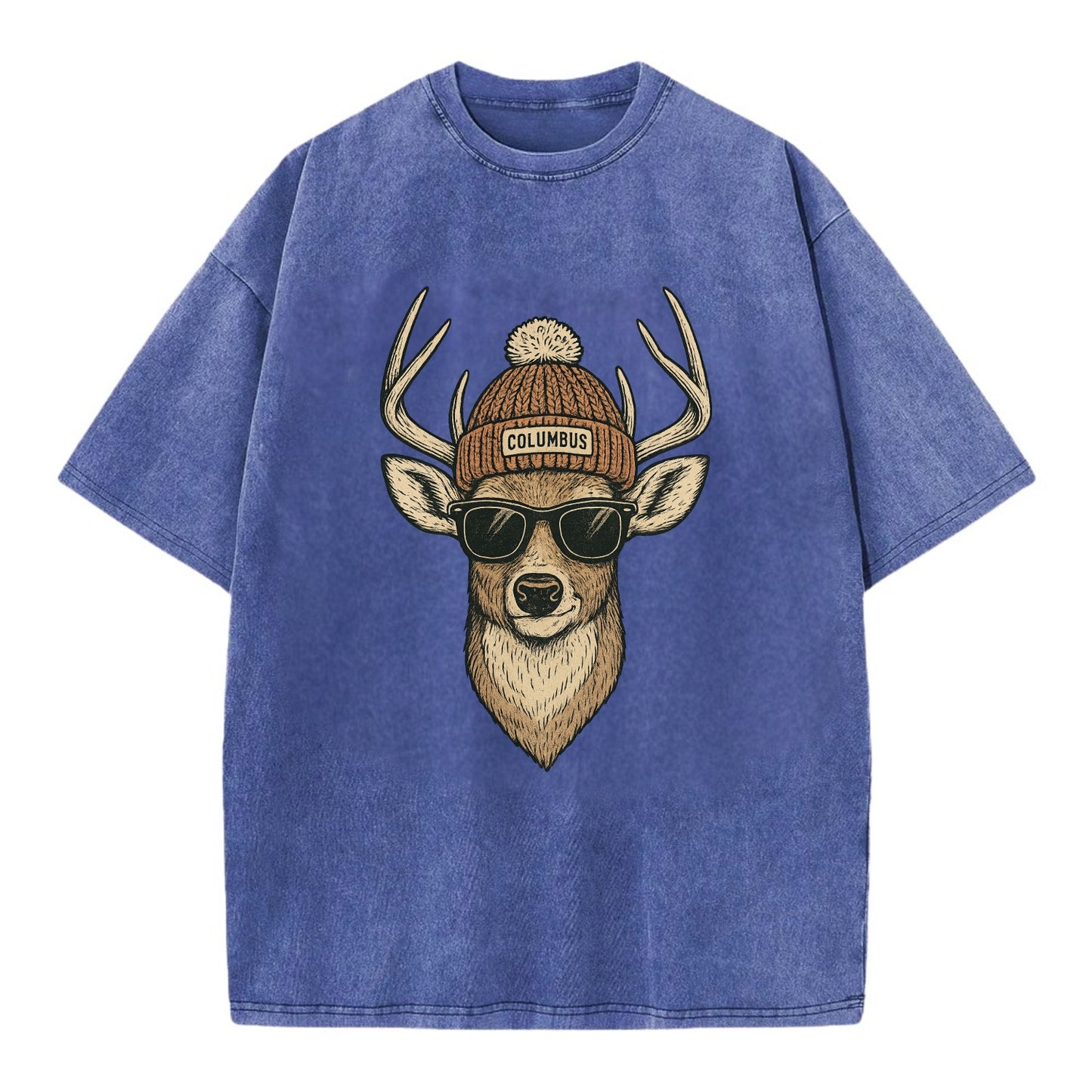 Ohio White-tailed Deer wearing Columbus beanie with pom pom and wayfarer - Vintage T-shirt - Blue