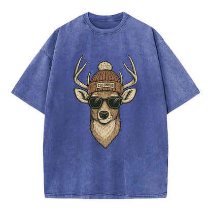 Ohio White-tailed Deer wearing Columbus beanie with pom pom and wayfarer - Vintage T-shirt - Blue