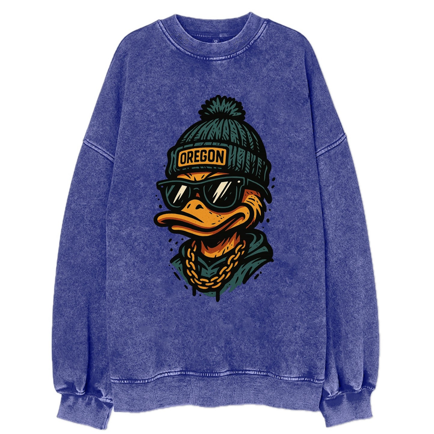 Eugene Duck wearing Oregon beanie with p - Vintage Sweatshirt - Blue