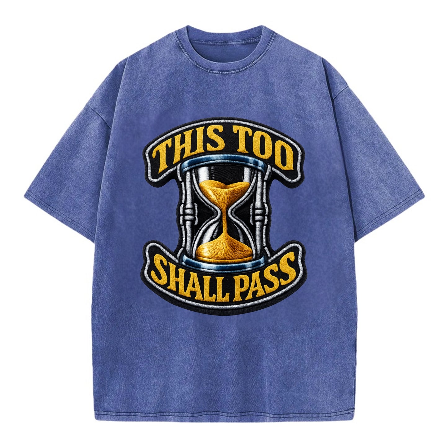 THIS TOO SHALL PASS - hourglass with text in gold , perspective - Vintage T-shirt - Blue