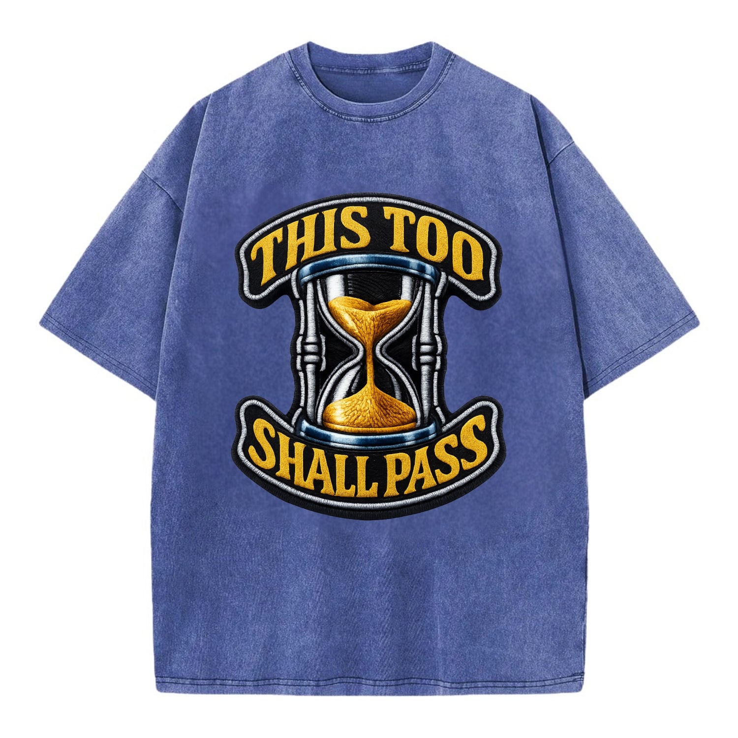 THIS TOO SHALL PASS - hourglass with text in gold , perspective - Vintage T-shirt - Blue